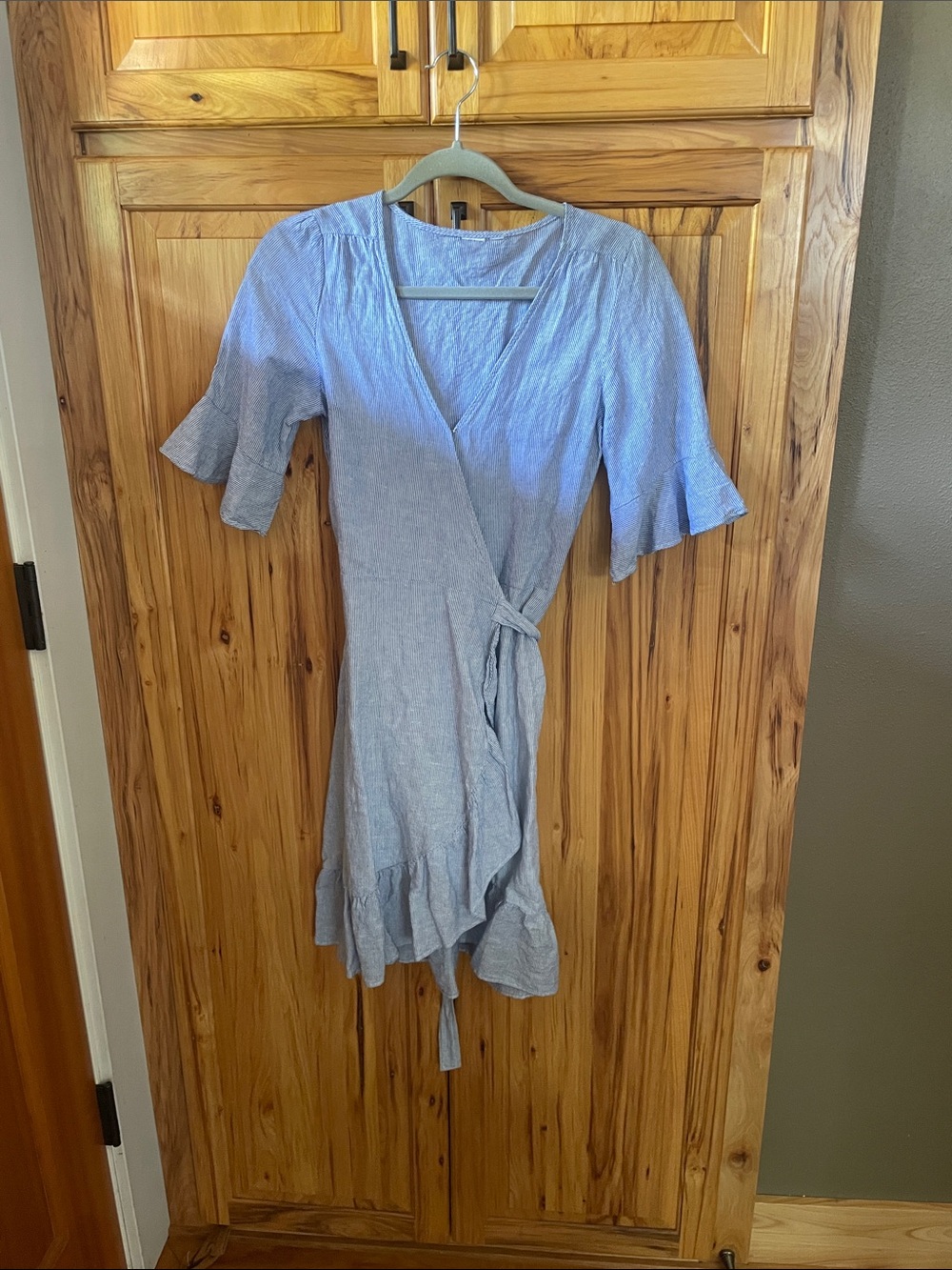 Blue and white Wrap Dress with Ruffle Hem